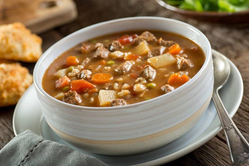 A hearty bowl of beef barley soup.